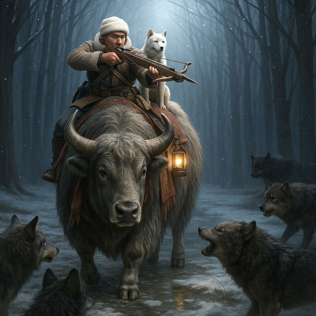 Pohli on a beast, fending off wolves